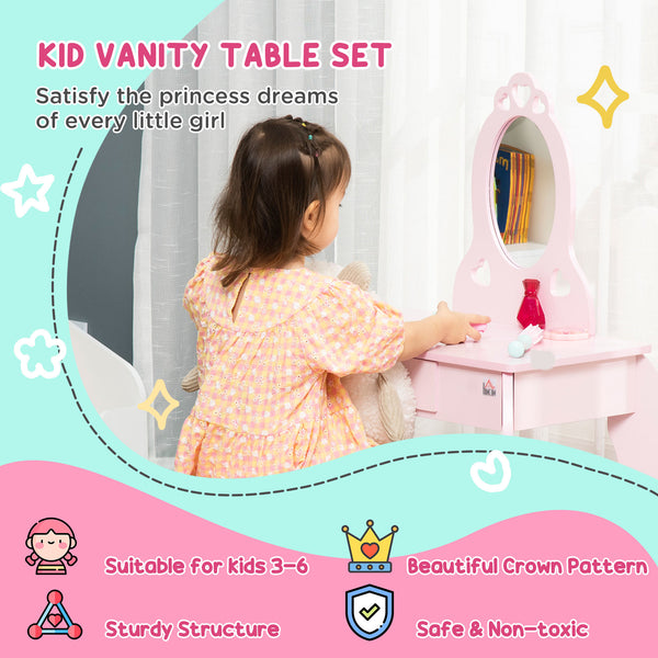 Coiffeuse pour enfants avec miroir et tabouret, rose