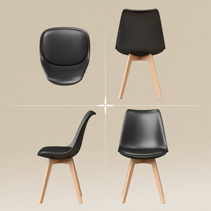 Ensemble de 6 chaises de salle à manger modernes en bois d'hévéa avec coussin en cuir PU - Noir