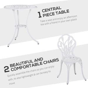 3 Pieces Patio Bistro Set, Outdoor Cast Aluminum Garden Table and Chairs with Umbrella Hole for Balcony, White