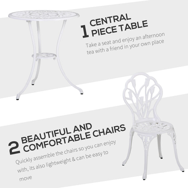 3 Pieces Patio Bistro Set, Outdoor Cast Aluminum Garden Table and Chairs with Umbrella Hole for Balcony, White