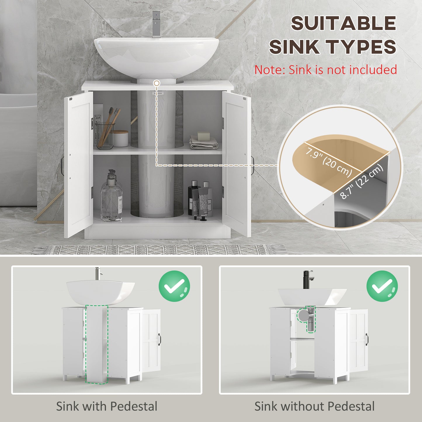 Vanity unit with double doors and adjustable shelf, white