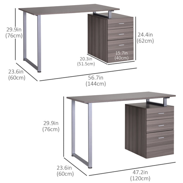 Bureau d'ordinateur en L avec tiroirs de classement réversibles multi-usages, cadre en métal, grain de bois gris