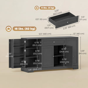 Meuble de rangement de cuisine moderne avec tiroir, étagères réglables avec supports de porte, noir