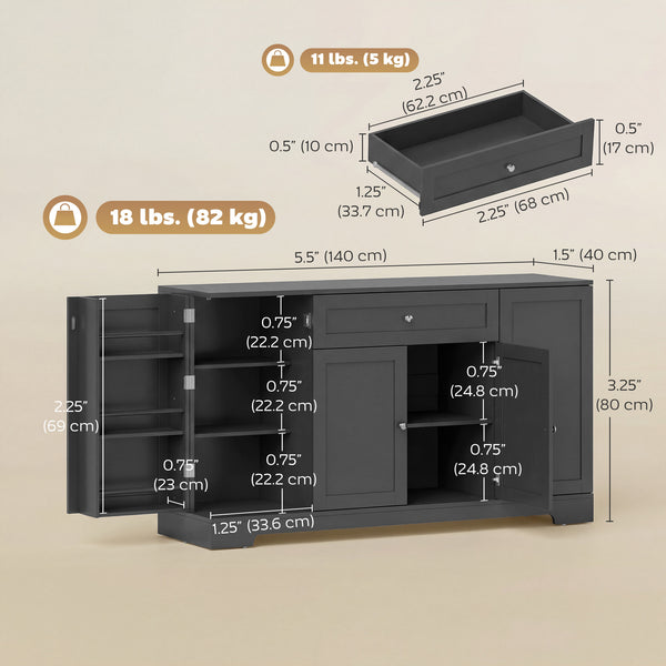 Meuble de rangement de cuisine moderne avec tiroir, étagères réglables avec supports de porte, noir