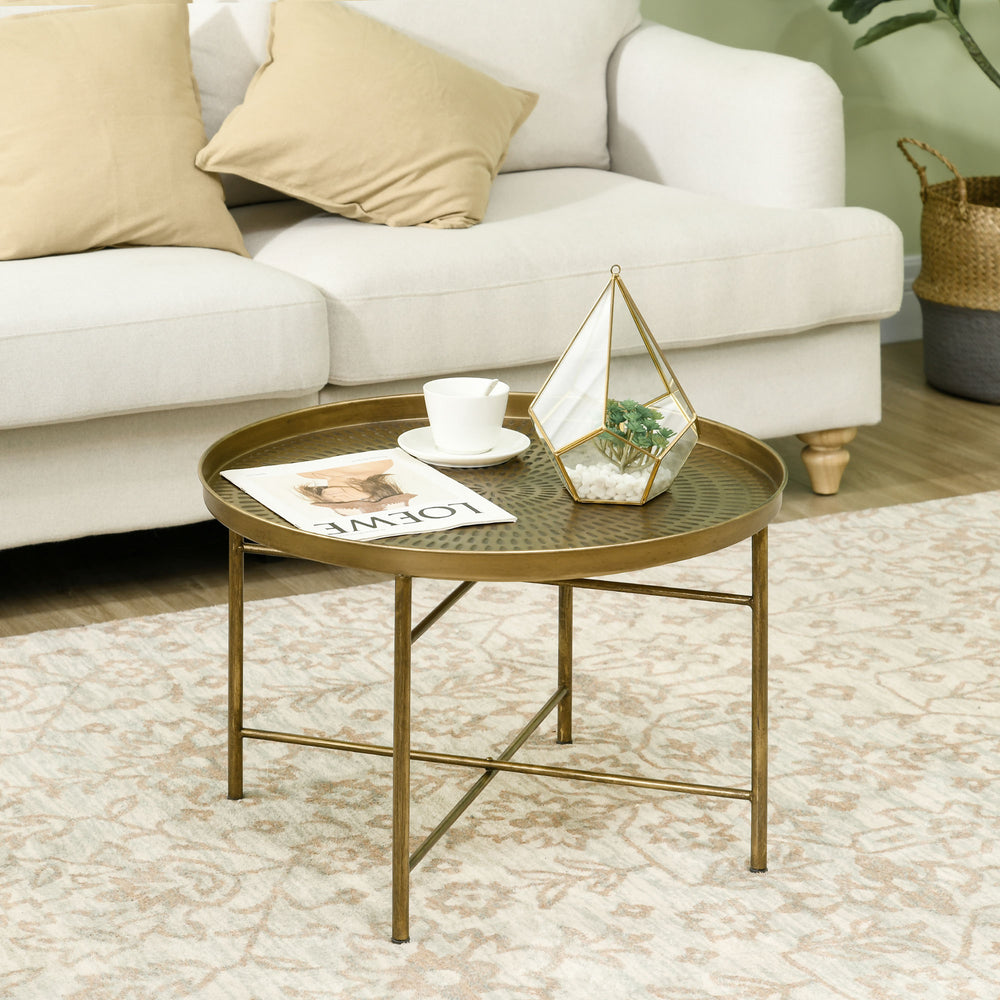 Table basse vintage ronde avec plateau martelé et cadre en métal, Or