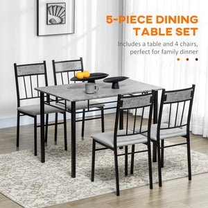Ensemble de salle à manger 5 pièces pour 4 personnes, avec plateau effet marbre, chaises rembourrées et structure en métal gris.