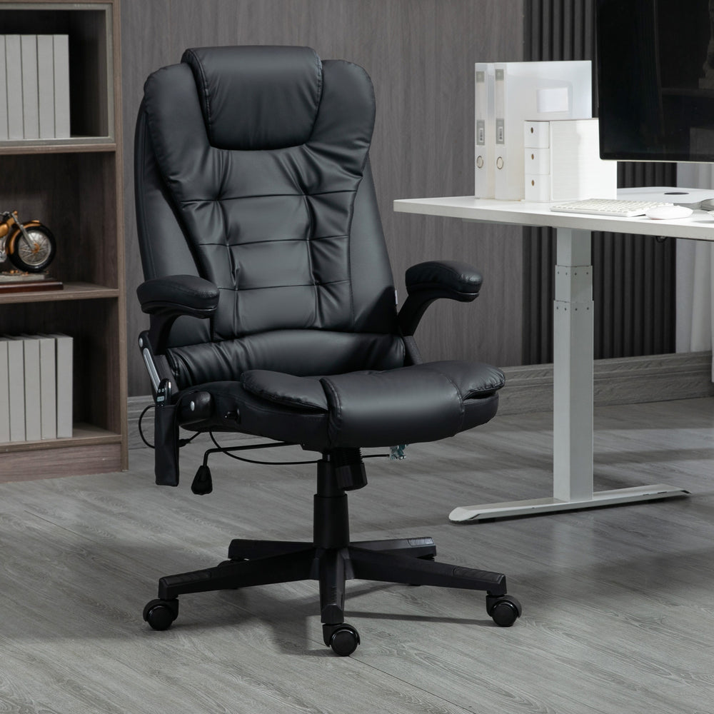 Fauteuil de bureau massant et chauffant, inclinable, pivotant, réglable, en cuir, noir