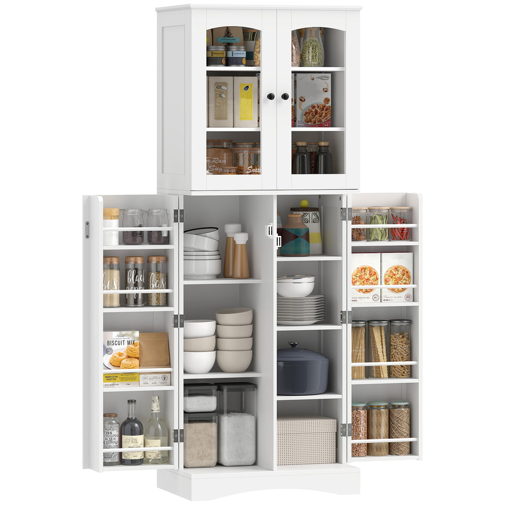 Armoire de cuisine avec portes en acrylique à fermeture amortie, 10 étagères et 8 supports de porte, blanche.