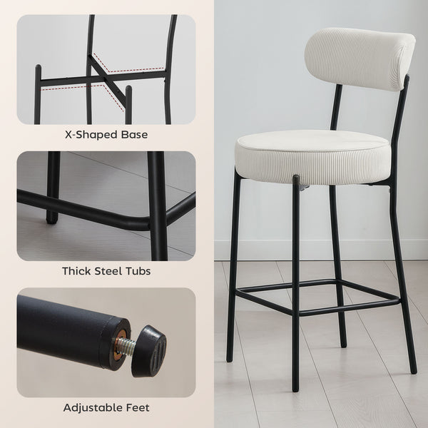 Set of 2 padded bar stools in corduroy, cream white