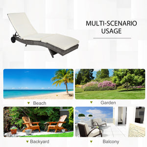 Outdoor Adjustable Wicker Chaise Lounge Chair with Cushion & Wheels for Patio, Deck, Poolside, Cream White