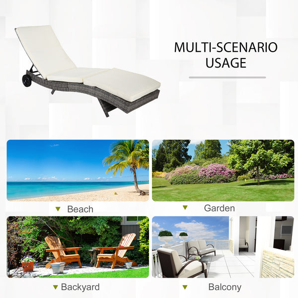 Outdoor Adjustable Wicker Chaise Lounge Chair with Cushion & Wheels for Patio, Deck, Poolside, Cream White