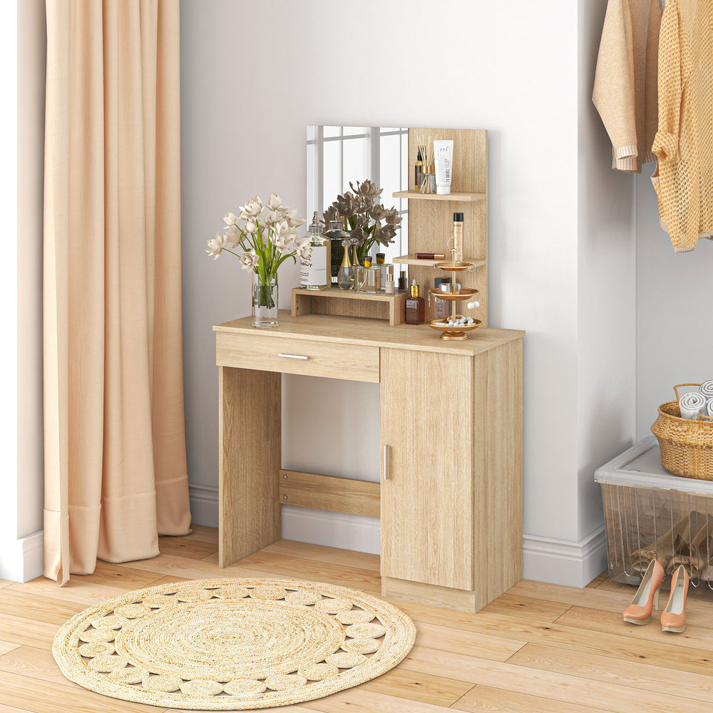 Coiffeuse avec miroir, tiroir et compartiment ouvert, bois naturel