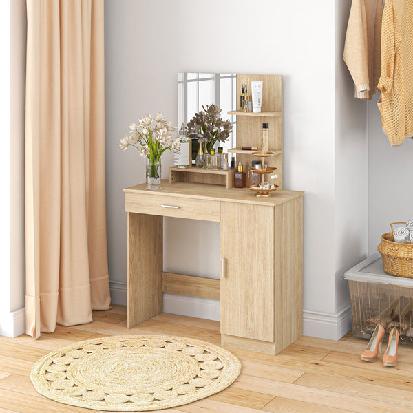 Coiffeuse avec miroir, tiroir et compartiment ouvert, bois naturel
