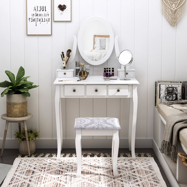 Coiffeuse en bois avec miroir rotatif à 360°, 5 tiroirs et tabouret rembourré, blanc