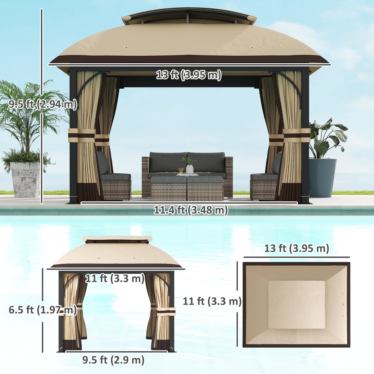 Outsunny 11' x 13' Double Roof Gazebo with Mosquito Netting and Curtains, Galvanized Metal Frame, Khaki