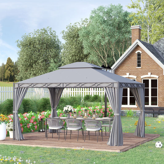 Gazebo 10'x13' couvert à deux niveaux en acier avec rideau, gris