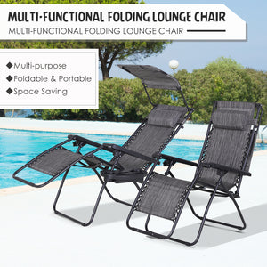 Lot de 2 chaises d'extérieur zéro gravité avec plateau latéral et porte-gobelet, chaise longue inclinable avec assise en tissu maillé respirant, oreiller, gris foncé