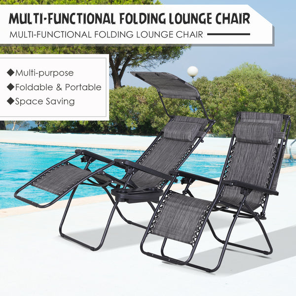 Lot de 2 chaises d'extérieur zéro gravité avec plateau latéral et porte-gobelet, chaise longue inclinable avec assise en tissu maillé respirant, oreiller, gris foncé