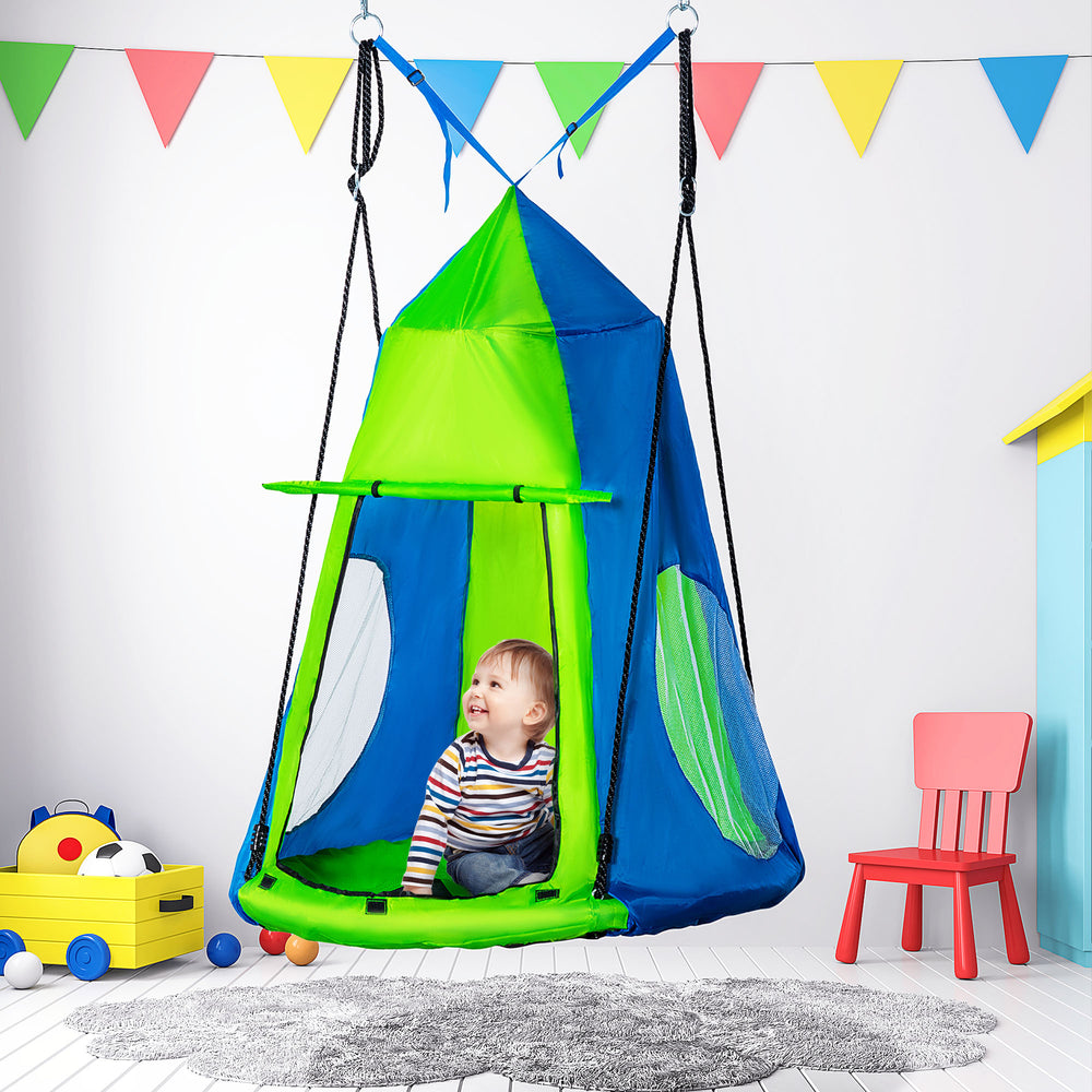 Kids Hanging Tree Swing Tent, Waterproof Sensory Swing with Windows, Rolling Door, for Indoor & Outdoor, Green