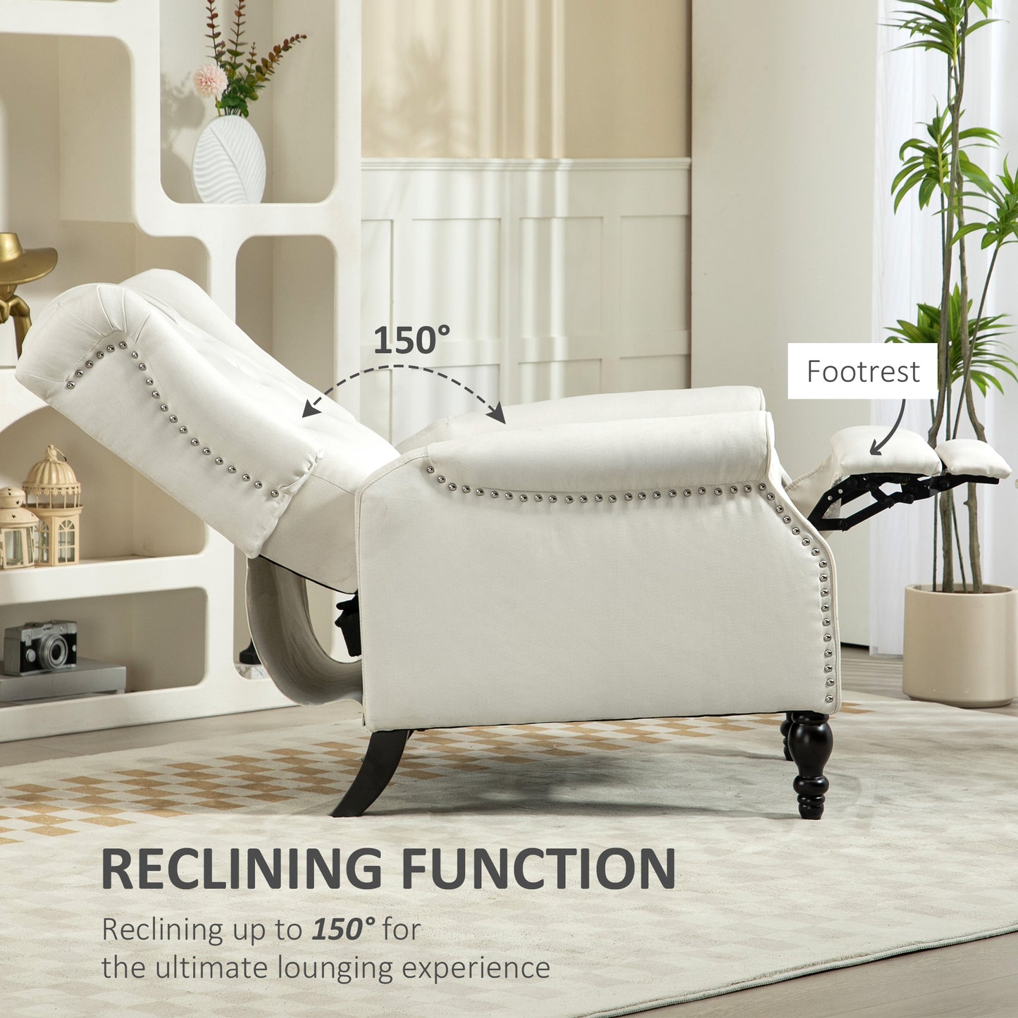 Fauteuil inclinable avec repose-pieds, capitonné et accoudoirs roulés pour salon, blanc crème