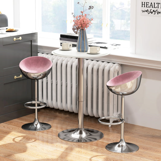 Table de bar ronde moderne réglable en hauteur, plateau en bois recouvert de similicuir, base chromée, blanc