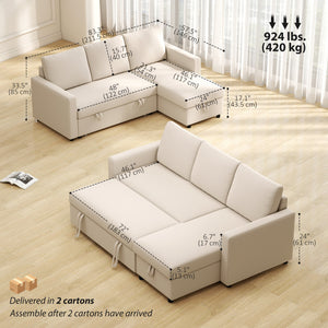 83" Sofa Bed, Pull Out Sleeper L Shaped Sectional Couch with Reversible Storage Chaise, Wide and Deep Seat, Cream White