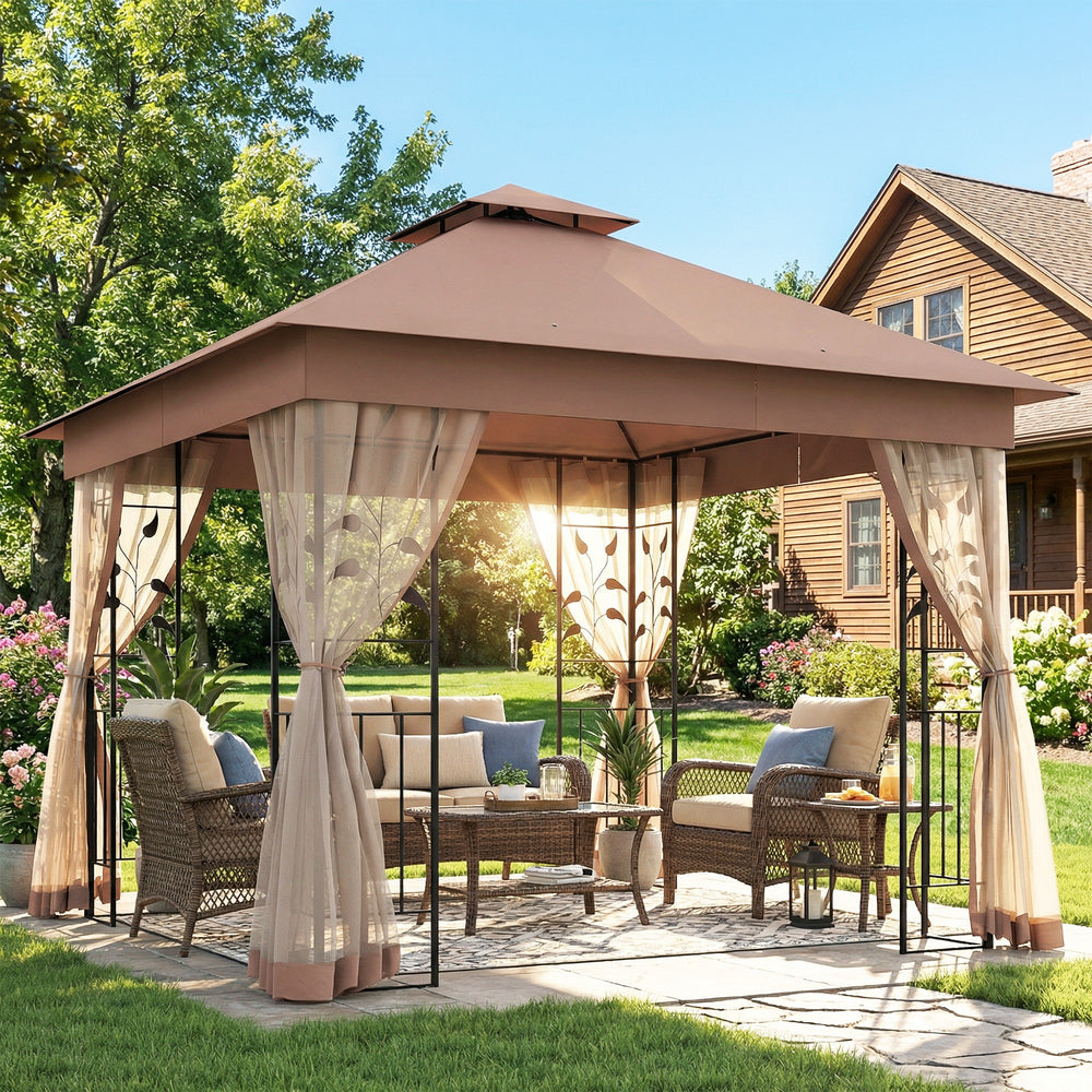 10'x10' garden shed with soft steel roof, double layer of polyester and curtain side walls, dark brown