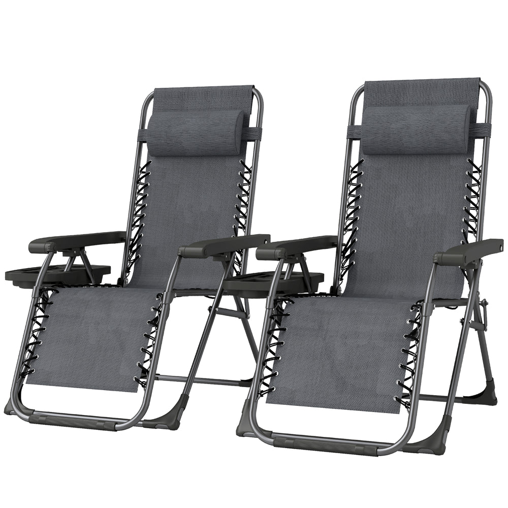 Ensemble de 2 chaises longues d'extérieur pliantes et inclinables, avec porte-gobelet et appui-tête, gris foncé