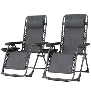 Ensemble de 2 chaises longues d'extérieur pliantes et inclinables, avec porte-gobelet et appui-tête, gris foncé