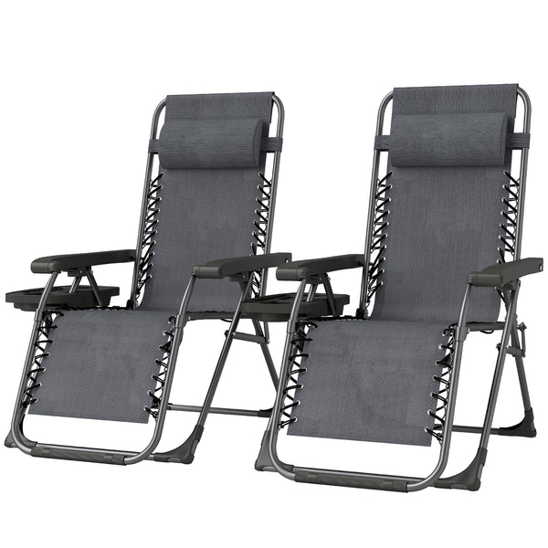 Ensemble de 2 chaises longues d'extérieur pliantes et inclinables, avec porte-gobelet et appui-tête, gris foncé