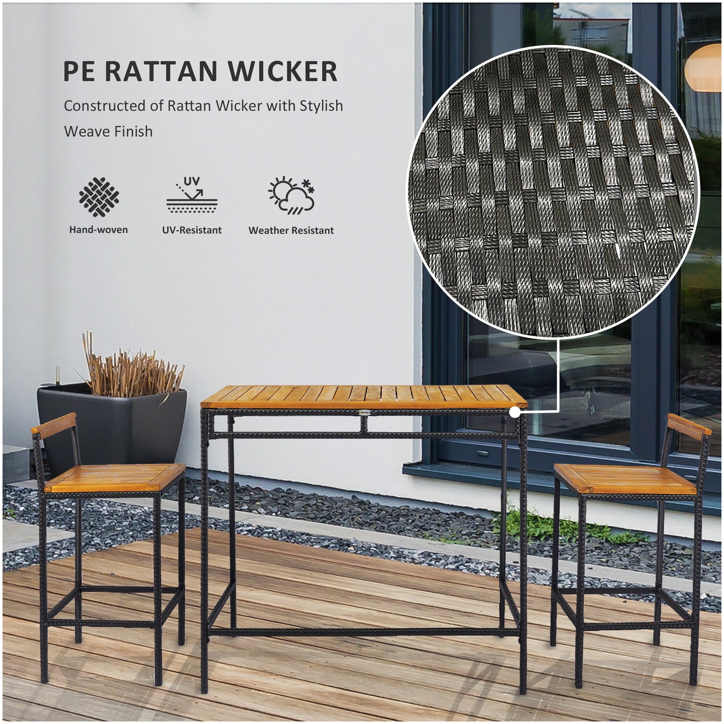 Ensemble de bar 3 pièces en osier, table et chaises de bar avec plateau en bois d'acacia, bois naturel