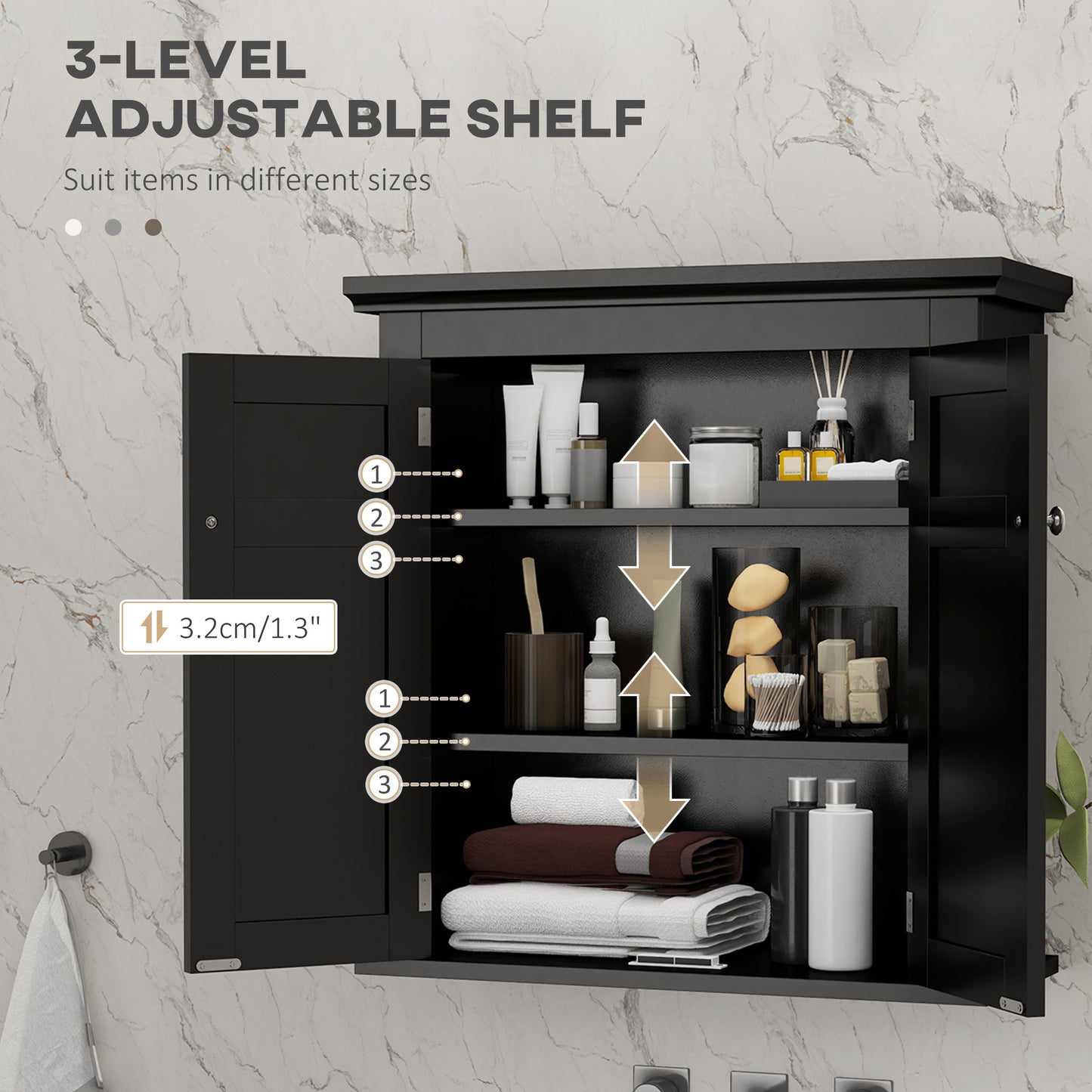 Armoire de salle de bain avec étagères réglable, noir