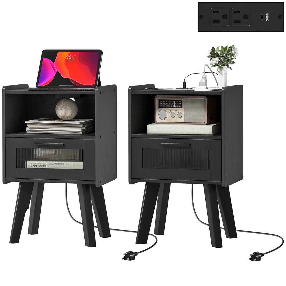 Lot de 2 tables de chevet modernes avec station de charge, noir