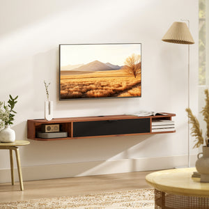 Floating wall-mounted TV unit for TVs up to 60 inches, with a drop-down drawer and 2 open shelves, walnut finish.