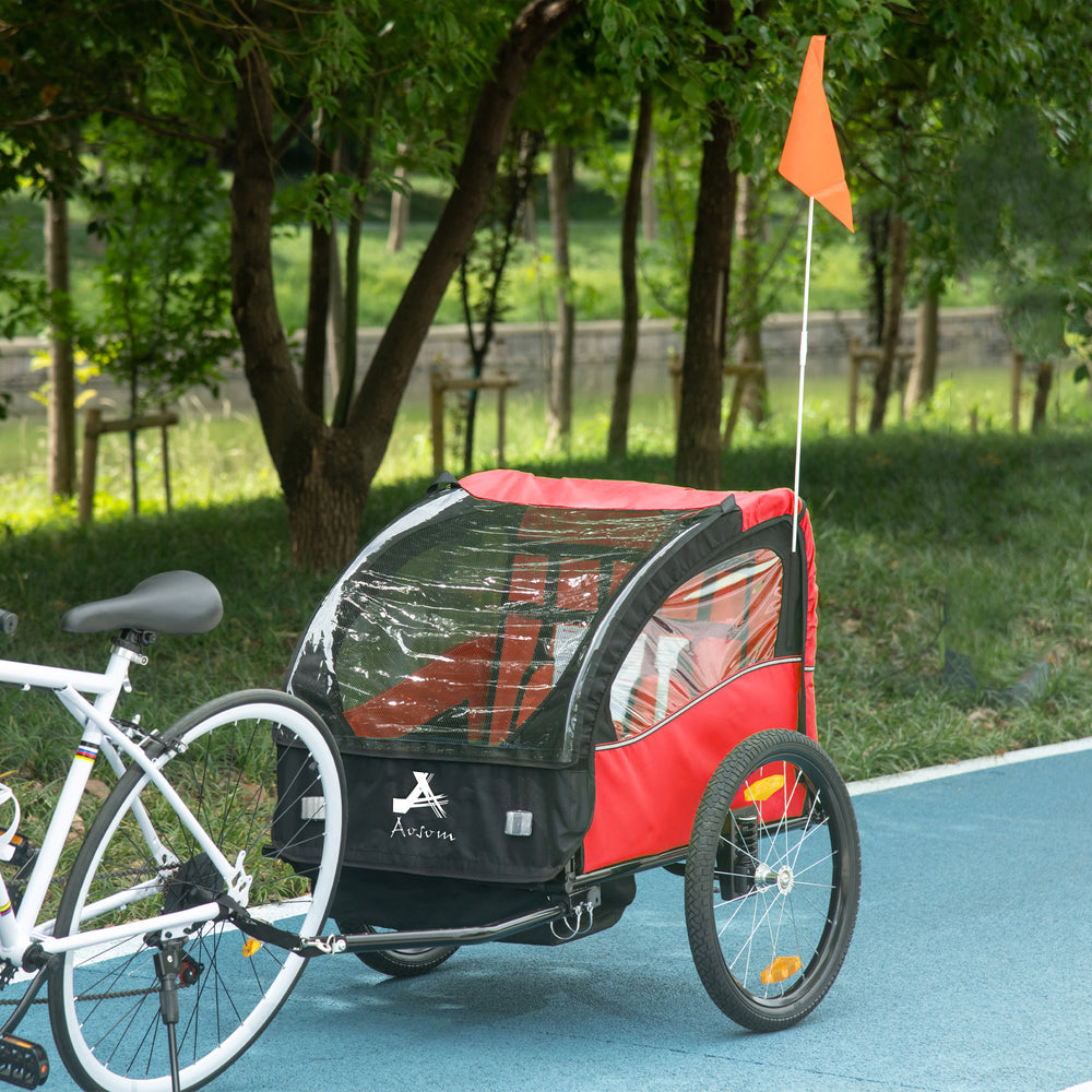 Remorque à vélo 2 places avec sac de rangement, harnais 5 points, rouge