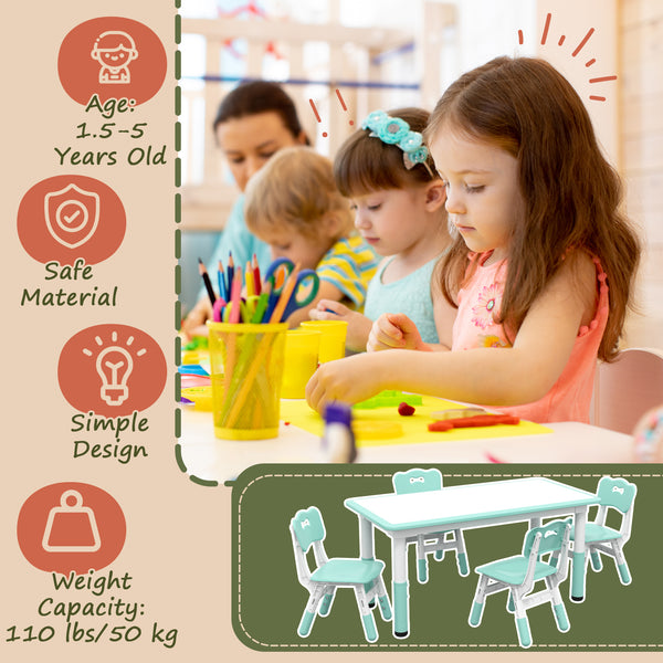 Kids Table and Chair Set (4 Chairs, Adjustable Height, Easy to Clean, Ages 1.5-5), Green