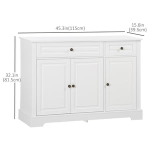 Buffet moderne avec 2 tiroirs et étagères réglables, idéal pour la salle à manger, blanc.