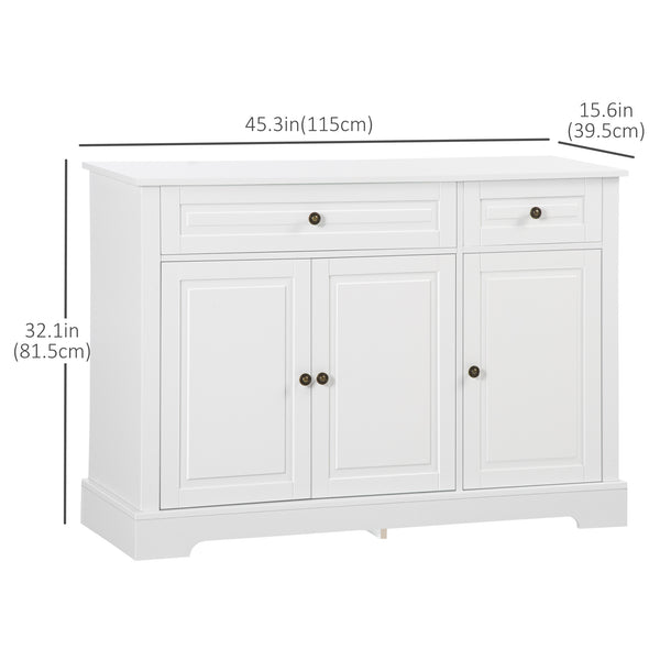 Buffet moderne avec 2 tiroirs et étagères réglables, idéal pour la salle à manger, blanc.