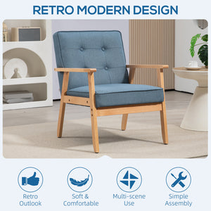 Fauteuil d'appoint moderne en tissu avec dossier capitonné et pieds en bois, bleu