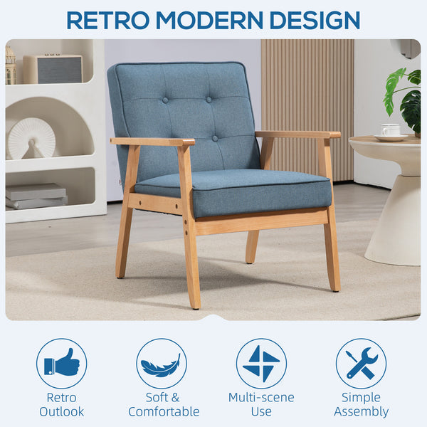 Fauteuil d'appoint moderne en tissu avec dossier capitonné et pieds en bois, bleu