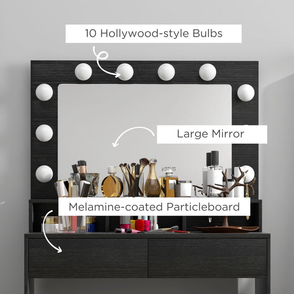 Coiffeuse avec miroir à éclairage LED et tiroirs, noire