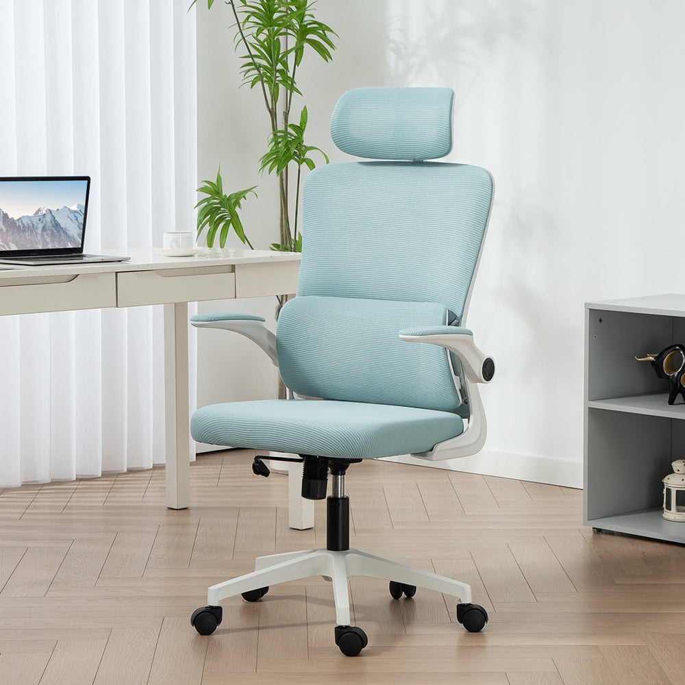 High-back mesh office chair with swivel headrest, light blue