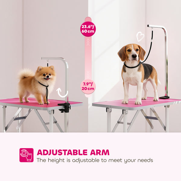 Foldable Pet Grooming Table for Dogs Cats with Adjustable Arm, Non-slip Surface, Pink