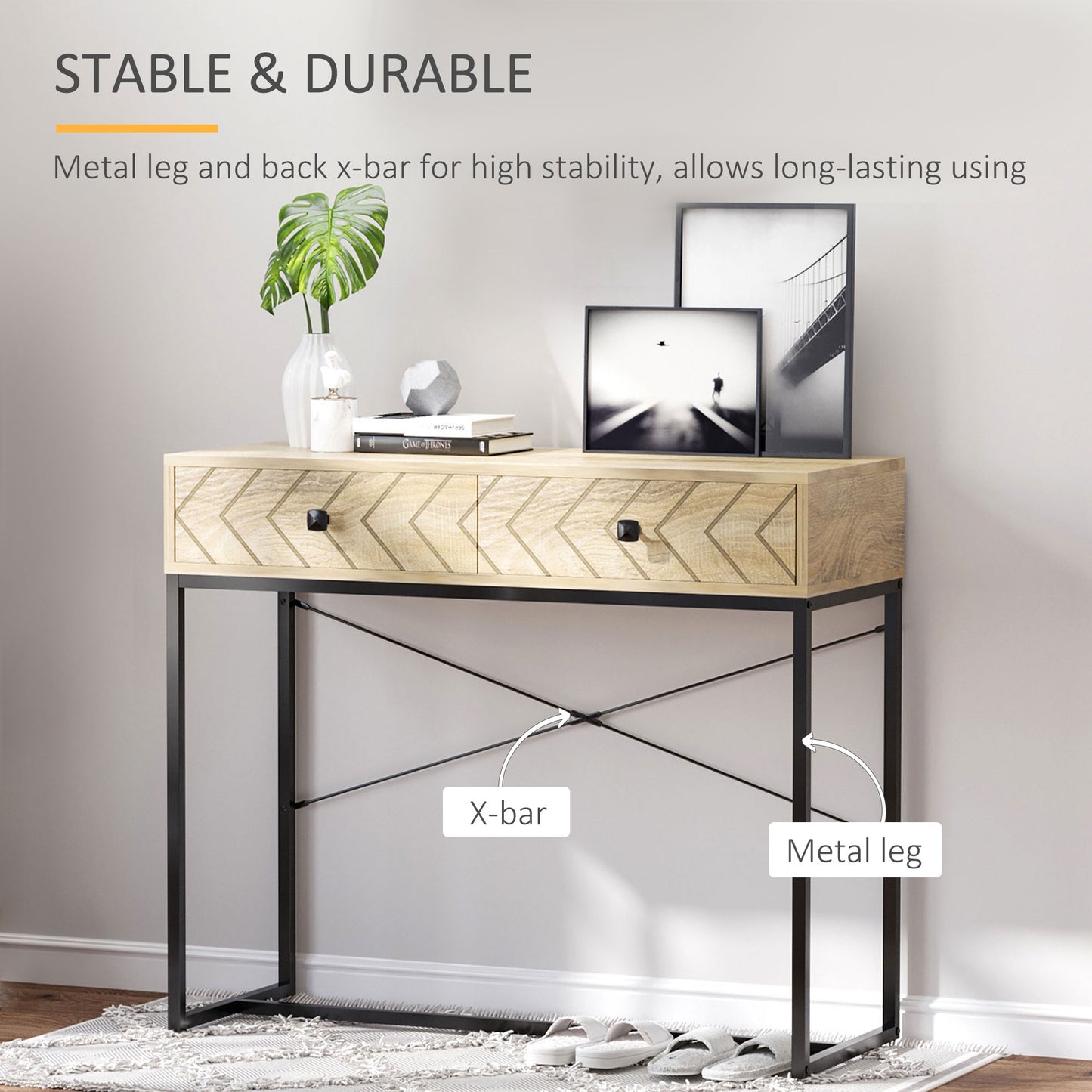 Meuble console avec 2 tiroirs de rangement, table d'entrée étroite avec cadre en métal, bureau
