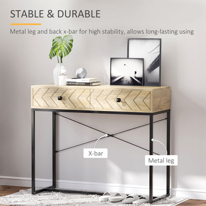 Meuble console avec 2 tiroirs de rangement, table d'entrée étroite avec cadre en métal, bureau