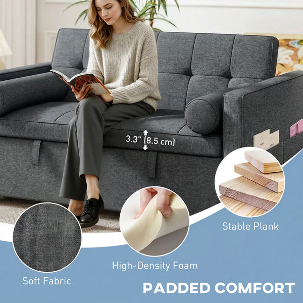 Canapé-lit gigogne deux places en lin avec ports USB, gris foncé