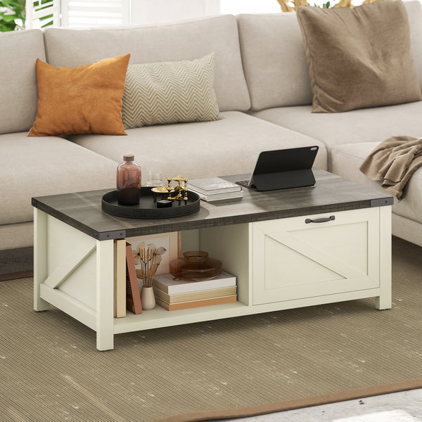 Table basse Farmhouse avec tiroir et étagère ouverte, blanc vieilli