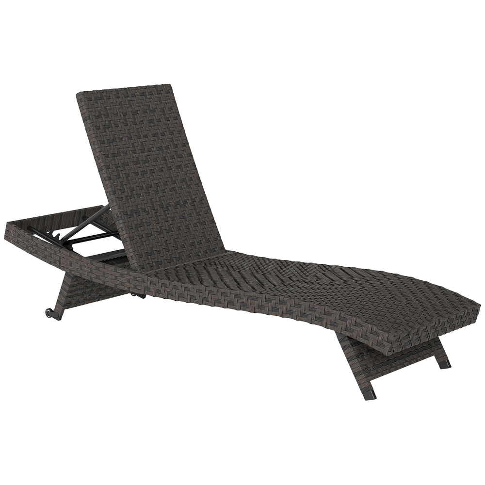 Chaise longue pliante d'extérieur en rotin inclinable avec dossier réglable sur 5 niveaux et roulettes, marron mélangé