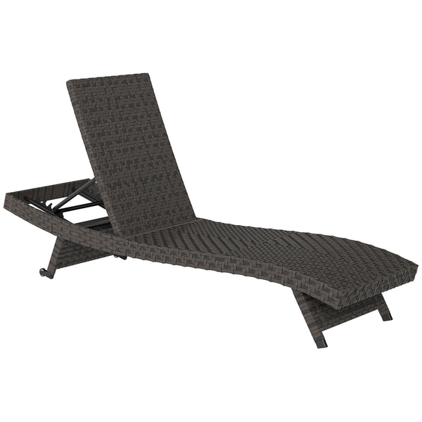 Chaise longue pliante d'extérieur en rotin inclinable avec dossier réglable sur 5 niveaux et roulettes, marron mélangé