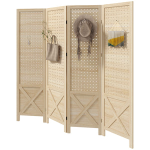 Paravent 4 panneaux en bois avec panneau perforé, naturel